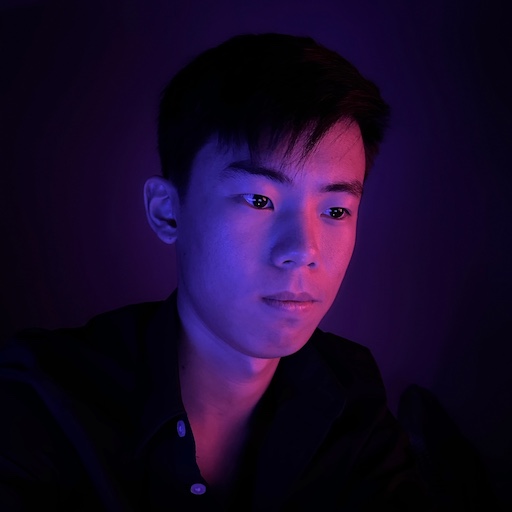 A portrait of Tianshi in dramatic blue and purple lighting against a dark backdrop.